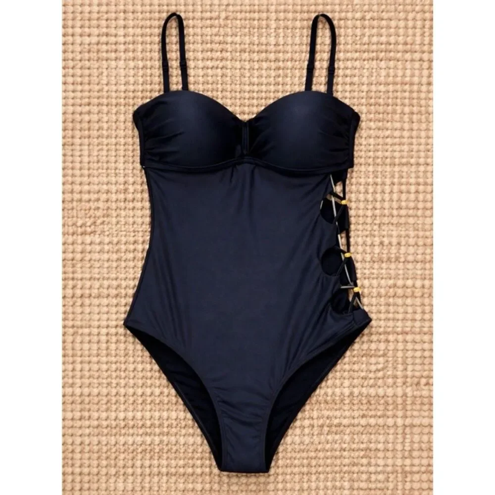 NWT SeaFancy One Piece Black Swimsuit With Side Cutouts Women’s Size Medium NEW